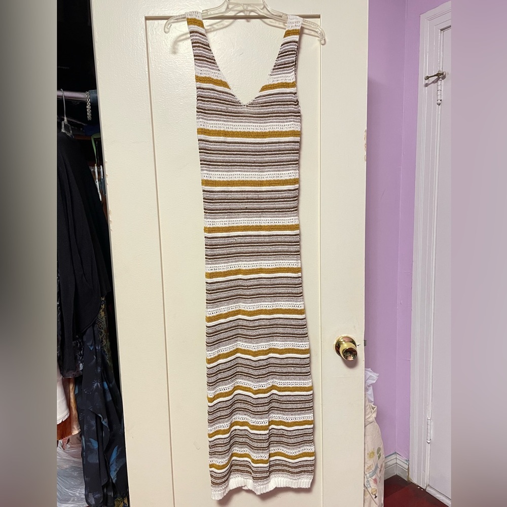 House of Harlow 1960 Gold and White Striped Knit Midi Dress - Picture 2 of 4